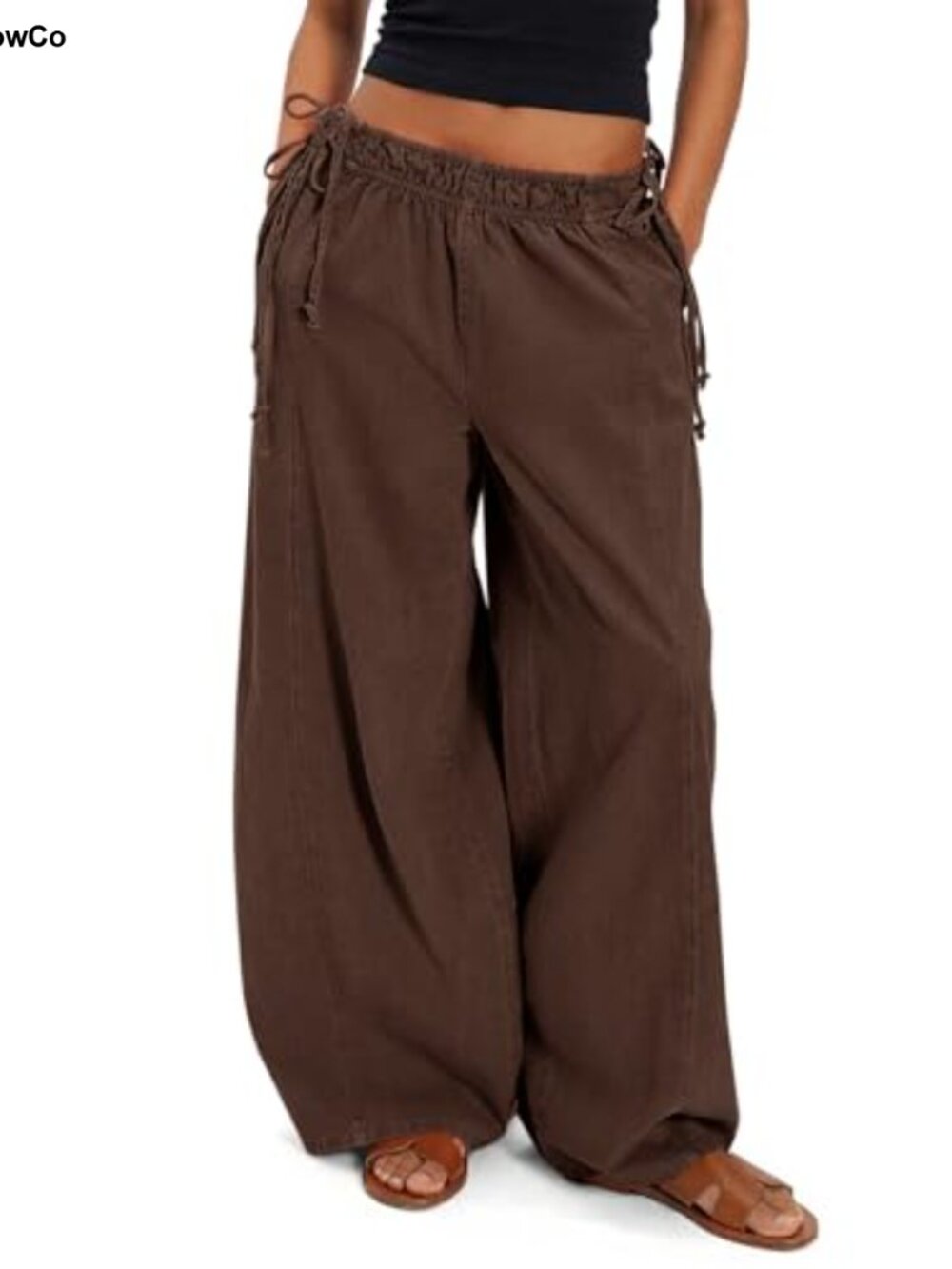 Cotton Wide Leg Pants Low Rise Baggy Drawstring Casual